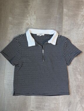 Striped Polo Zip-Front Tank Top in Black and White
